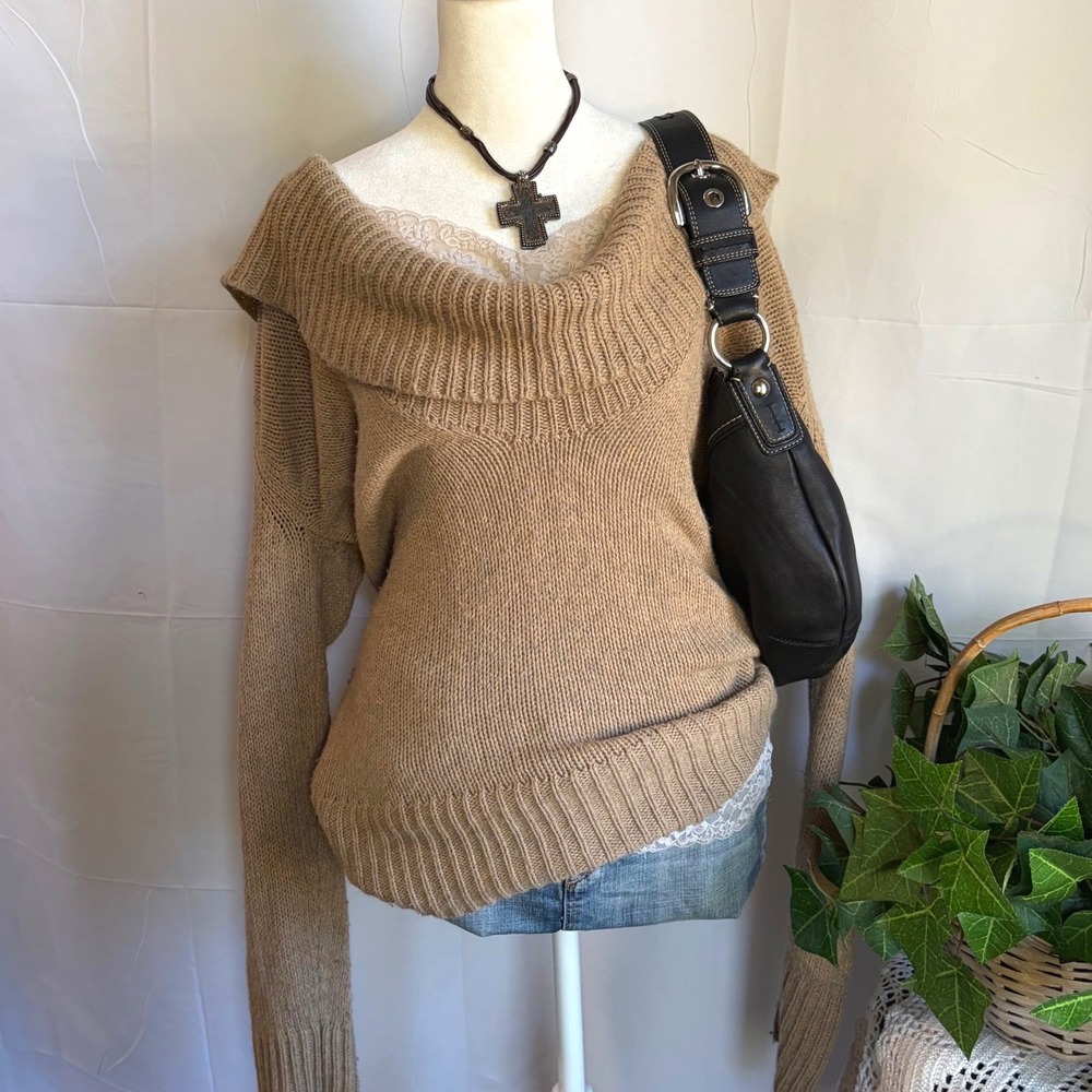 Y2K Fall Old Navy Vintage Tan Angora Blend Cowl Neck Off Shoulder Sweater L